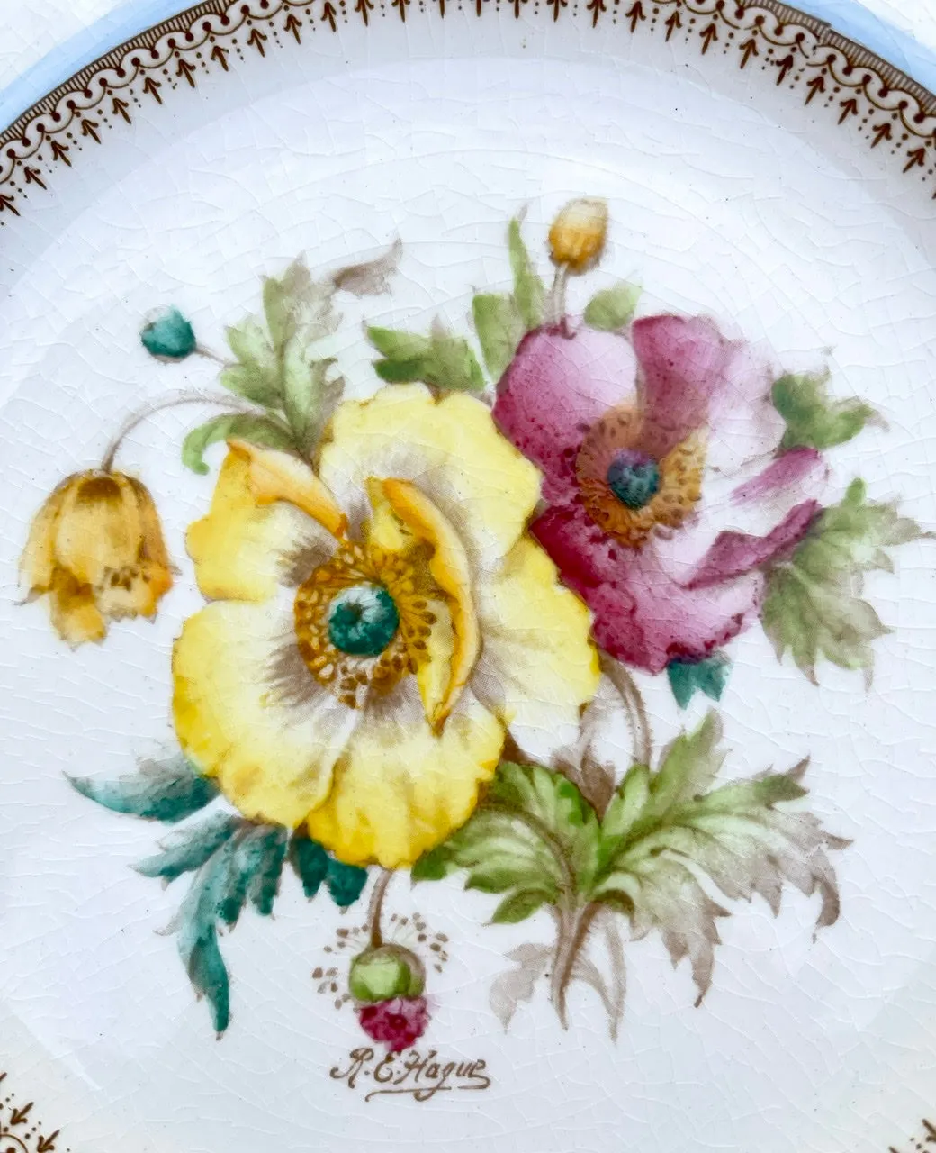 Pale Yellow Antique Signed Hand Painted Pink Poppies Transferware Plate English